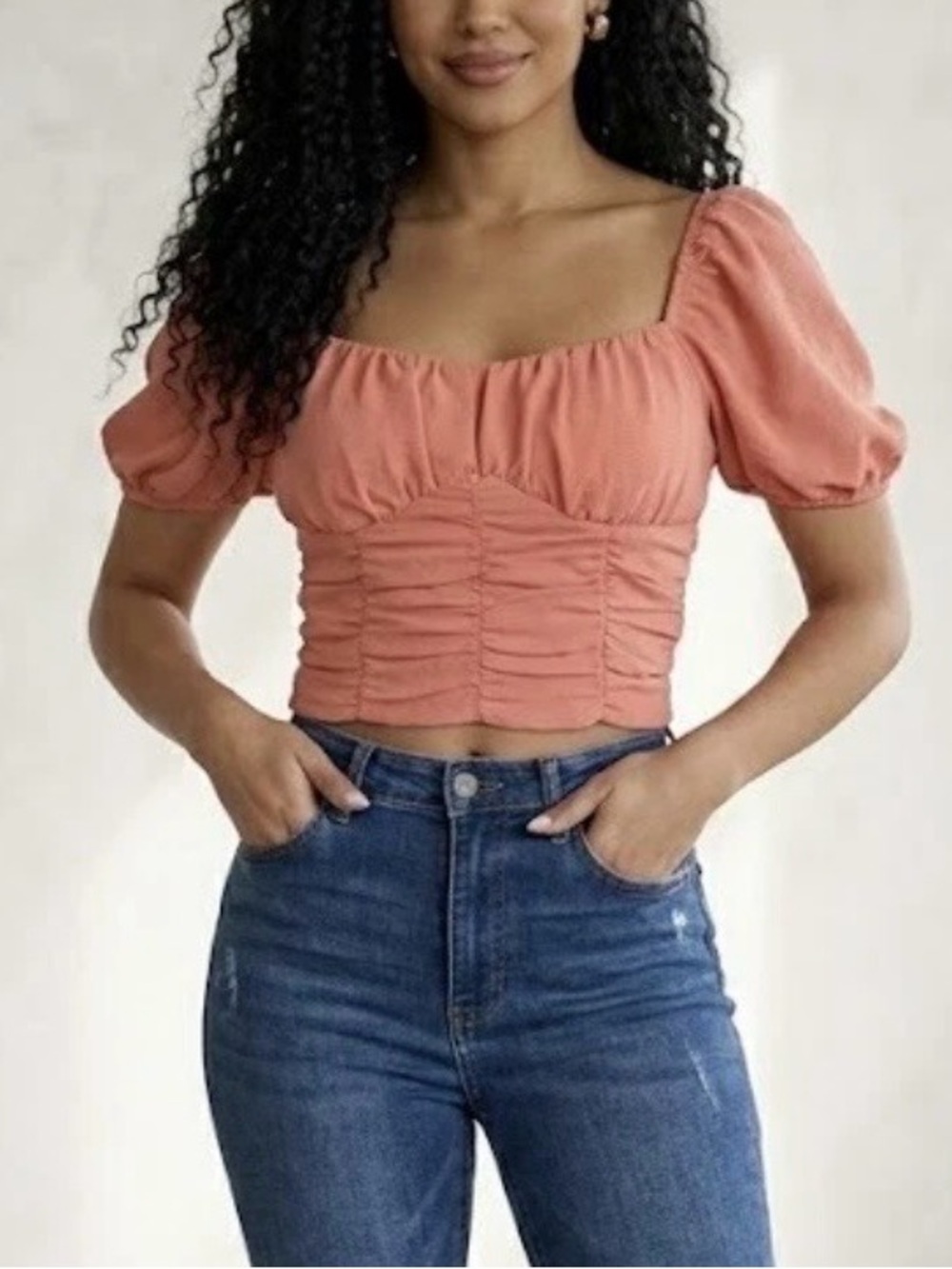 Forever 21 Peach Orange Ruched Puff Sleeve Crop Top Size M